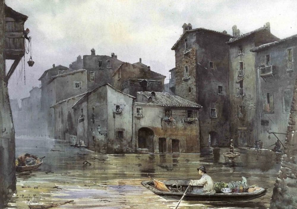 Painting of Romes Jewish Ghetto flooded by Ettore Roesler Franz